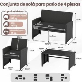 Conjunto de jardim em rattan com 4 peças: sofás de 2 lugares, mesa de vidro temperado e almofadas para exterior, varanda ou piscina, Preto+Preto