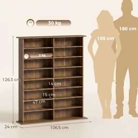 Organizador para CD e DVD 106,5 L x 24 P x 126,3 A cm com 16 compartimentos e 12 prateleiras ajustáveis, capacidade máxima de 720 CD/396 DVD e Blu-ray