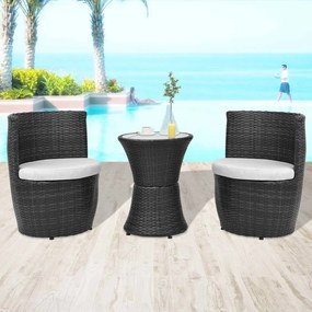 vidaXL 3 pcs conjunto bistrô com almofadas vime PE preto