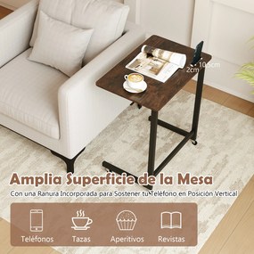 Mesa auxiliar em forma de C com rodas 60 x 39,5 x 66 cm, ranhura para telefone integrada, base baixa para poupar espaço, para sala e quarto, Castanho