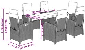 7 pcs conjunto jantar p/ jardim c/ almofadões vime PE castanho