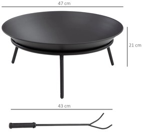 Outsunny Braseiro de Exterior Braseiro de Metal com Atiçador para Varanda Campismo Ar Livre Ø47x21 cm Preto