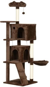 Arranhador para Gatos com Múltiplas Plataformas Cama 2 Cavernas Rede Escada Postes de Sisal 48x48x160 cm Castanho