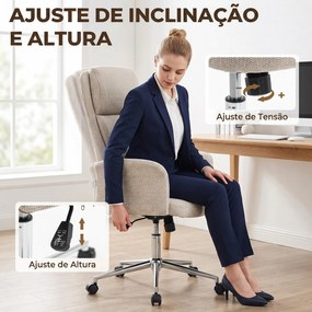 Cadeira de Escritório Giratória com Encosto Alto Função de Balanço Altura Ajustável Apoios de Braços Acolchoados e Rodas Bege