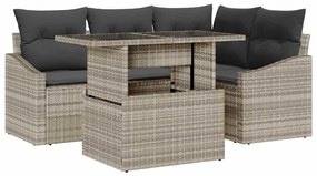 Conjunto de Sofá de Jardim 5 Peças com Almofadas Cinza Claro em Rattan
