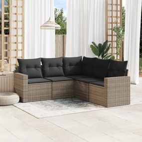 5 pcs conjunto sofás de jardim c/ almofadões vime PE cinzento