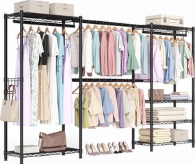 Guarda roupa aberto 40 x (177-220) x 193 cm com ganchos, extensível, com prateleiras ajustáveis e varão aberto para pendurar roupa, preto