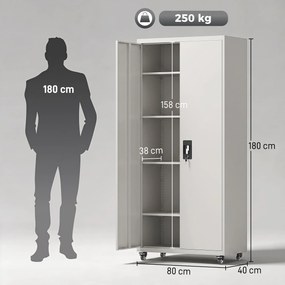 Armário de Ferramentas em Aço 180 cm com Rodas Amovíveis Prateleiras Ajustáveis e Carga até 250 kg para Garagem Branco