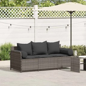 vidaXL Sofá de jardim de 3 lugares com almofadões vime PE cinzento