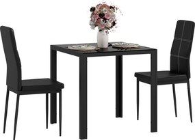 Conjunto de mesa de jantar e cadeiras para 2 pessoas, tampo retangular em vidro, para cozinha, sala de estar ou casa, preto