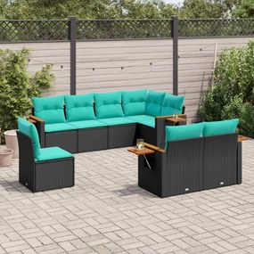 8 pcs conjunto de sofás p/ jardim c/ almofadões vime PE preto