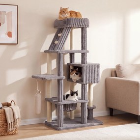 Árvore para Gatos Multinível, 91 x 61 x 180 cm, Base Ampla Antitombamento, Cinzento