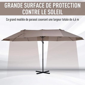Guarda-sol deslocado de grandes dimensões XXL, inclinável, com base em cruz, dim. 4,45 x 2,7 x 2,6 m, base em aço incluída, poliéster castanho