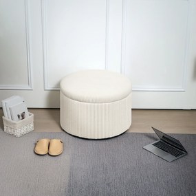 Pufe com arrumação, banco redondo, pufe para apoiar os pés em veludo canelado, capacidade de carga de 120 kg, Ø 60 x 41 cm, bege