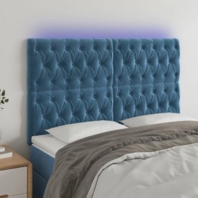 Cabeceira cama c/ luzes LED veludo 144x7x118/128cm azul-escuro