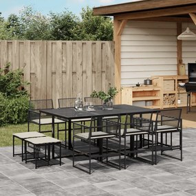 11 pcs conjunto de jantar p/ jardim c/ almofadões vime PE preto