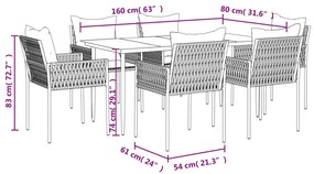 7 pcs conjunto de jantar p/ jardim c/ almofadões vime PE e aço