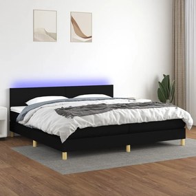 Cama box spring c/ colchão e LED 200x200 cm tecido preto