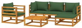 6 pcs conj. lounge jardim madeira c/almofadões verdes