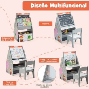 Conjunto de mesa e cadeira para crianças com 2 caixas de tecido removíveis, quadros magnéticos e quadro branco para brincar e desenhar Cinzento