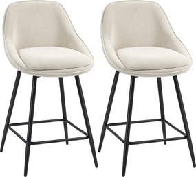 Conjunto de 2 bancos de bar em veludo canelado, bancos de bar com encosto curvo e apoio para os pés, 49 x 52 x 88 cm, creme