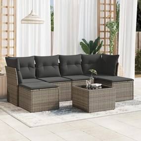 7 pcs conjunto sofás p/ jardim c/ almofadões vime PE cinzento