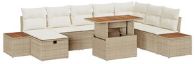 vidaXL Conjunto de Sofá de Jardim de 9 Peças com Almofadas Bege em Rattan Sintético e Acácia