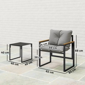 Conjunto de jardim de 3 peças para 2 pessoas, composto por 2 cadeirões, 1 mesa de centro com tampo em vidro temperado e almofadas, cinzento