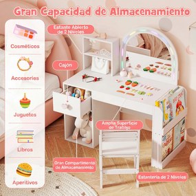 Conjunto de Toucador Infantil e Cadeira, 86 x 39,5 x 92 cm, Espelho com Luzes Coloridas, Branco