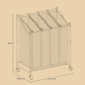 Cesto para roupa suja com rodas, 4 x 35 L, com 4 sacos removíveis 87,5 x 38,5 x 67/81 cm preto