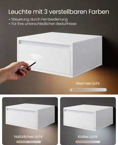 Mesa de cabeçeira suspensa com luzes em 3 cores branco