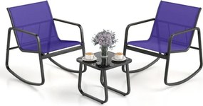 Conjunto de 3 peças baloiço para jardim, 2 cadeiras de bistrô e mesa baixa de vidro com tecido de malha respirável e faixa antiderrapante Azul
