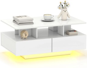 HOMCOM Mesa de Centro Moderna com LED Mesa de Centro com 4 Gavetas Prateleira Aberta e Luzes LED de 16 Cores para Sala de Estar 90x55x41 cm Branco Brilhante