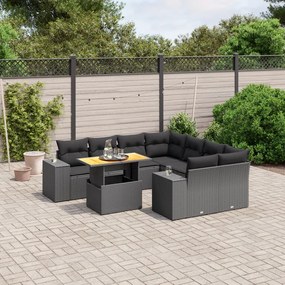 9 pcs conjunto de sofás p/ jardim c/ almofadões vime PE preto