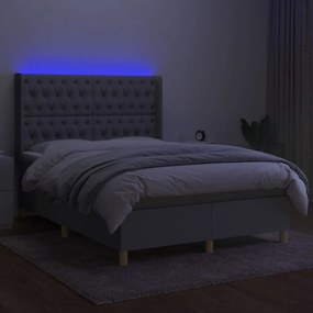 Cama box spring c/ colchão e LED 140x200 cm tecido cinza-claro