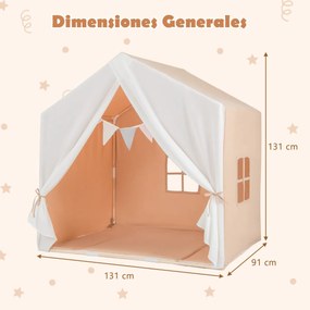 Tenda de brincar para crianças com colchão lavável e janelas Estrutura em madeira maciça 131 x 91 x 131 cm Castanho Claro