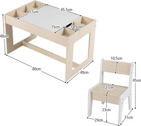 Conjunto Mesa multifuncional infantil com 2 cadeiras e tampo duplo com quadro negro e compartimentos removíveis natural e branco