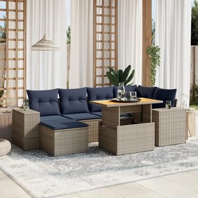 vidaXL 7 pcs conjunto sofás p/ jardim c/ almofadões vime PE cinzento