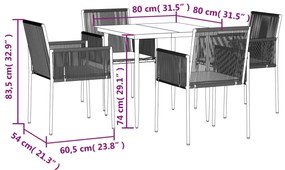 5 pcs conjunto jantar p/ jardim c/ almofadões vime PE/aço preto