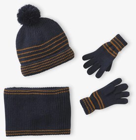 Conjunto às riscas gorro + gola snood + luvas/mitenes para menino   azul-cambraia