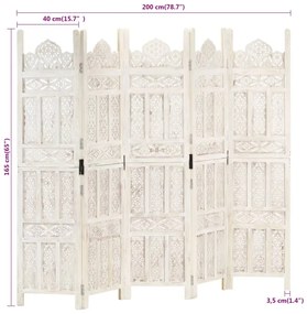 Biombo esculp. mão 5 painéis 200x165cm mangueira maciça branco