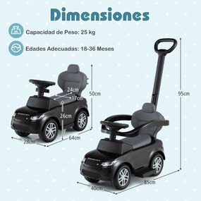 Carro de empurrar 3 em 1 para crianças de 18 a 36 meses com alça removível com buzina e som Preto