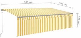 Toldo autom. c/ estore/LED/sensor de vento 5x3 m amarelo/branco
