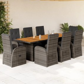 vidaXL 9 pcs conjunto de jantar p/ jardim c/ almofadões vime PE cinza