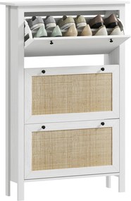 Sapateira, Móvel para sapatos 80 x 23,5 x 121,5 cm, armário de 3 portas com abas, efeito de vime - em madeira natural
