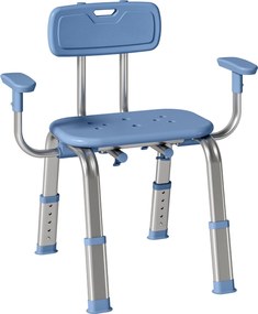 HOMCOM Banco de duche cadeira de duche ergonómica com apoios de braços, encosto, altura e assento ajustáveis, azul | Aosom Portugal