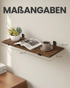 Prateleira de parede 20 x 60 x 7 cm, com capacidade para até 10 kg, castanho vintage e preto