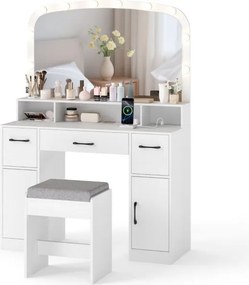 Toucador com espelho e luzes 108 x 40 x 149 cm com banco e Estação de carregamento 3 cores de luz 3 gavetas 2 armarios para quarto Branco