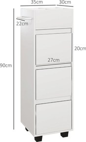 Móvel de arrumação para casa de banho com 4 compartimentos, 3 gavetas e toalheiro, 35 x 30 x 90 cm, branco