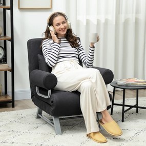 Poltrona reclinável convertível em sofá-cama de 1 lugar, com almofada lombar, braços e base em metal, em linho preto